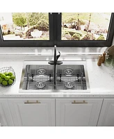 33 Inch Stainless Steel Brushed Kitchen Manual Sink With Double Grooves On The Counter