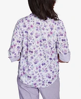 Alfred Dunner Women's Crystal Springs Floral Contrast Cuff Button Down Top