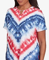 Alfred Dunner Women's Land of The Free Tie Dye American Chevron Keyhole Neck T-Shirt