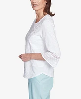 Alfred Dunner Women's St. Thomas Lace Patchwork Embellished Sleeve Crew Neck Top