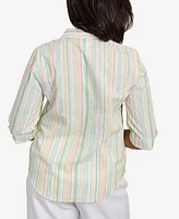 Alfred Dunner Women's Rise Shine Sunny Stripes Button Down Collared Neckline Top