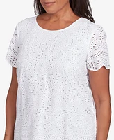 Alfred Women's Dunner Crystal Springs Eyelet Scalloped Hem Crew Neck T-Shirt