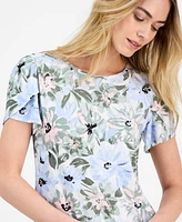Ak Anne Klein Women's Printed Crewneck Tulip-Sleeve T-Shirt