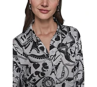 Karl Lagerfeld Paris Women's Motif-Print Oversized Button-Front Top