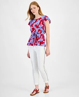 Tommy Hilfiger Women's Printed Ruffled-Sleeve Peplum Top