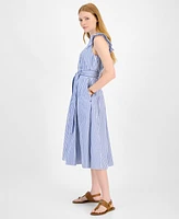 Tommy Hilfiger Women's Cotton Striped Ruffled Midi Dress