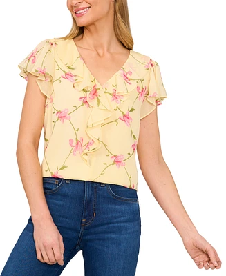 CeCe Women's Floral-Print Ruffled Flutter-Sleeve Top