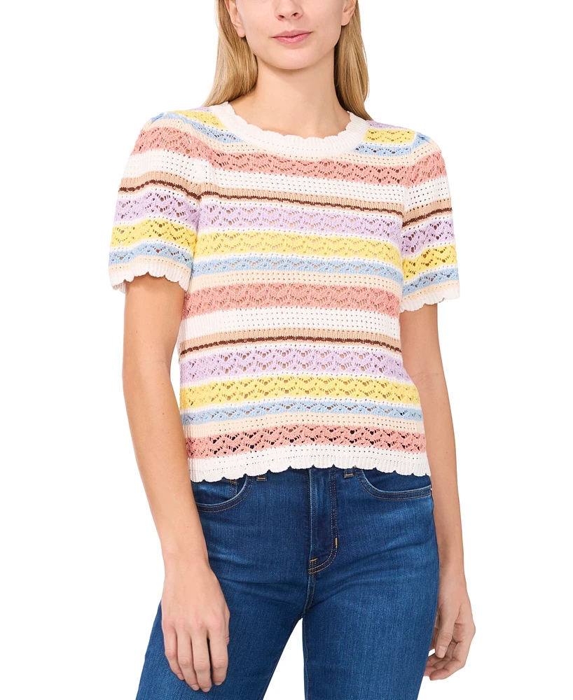 CeCe Women's Pointelle Stripe Short-Sleeve Cotton Sweater
