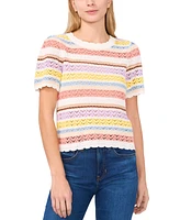 CeCe Women's Pointelle Stripe Short-Sleeve Cotton Sweater