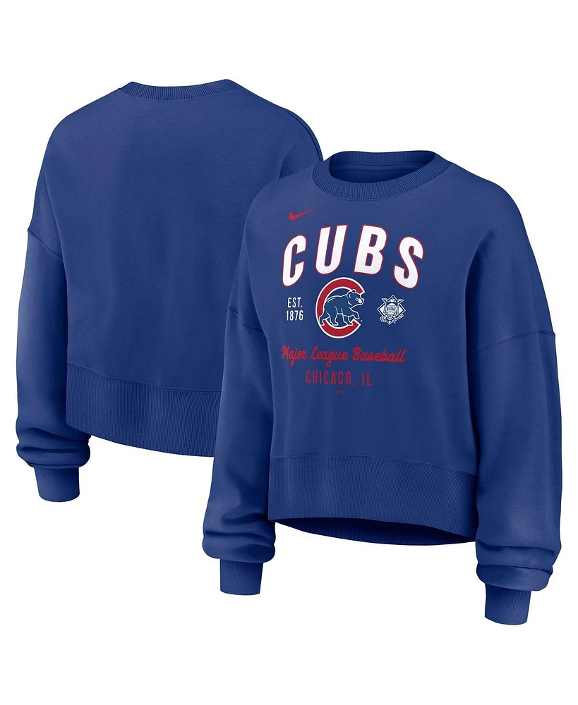 Nike Women's Royal Chicago Cubs Oversized Long Sleeve Cropped Pullover Sweatshirt