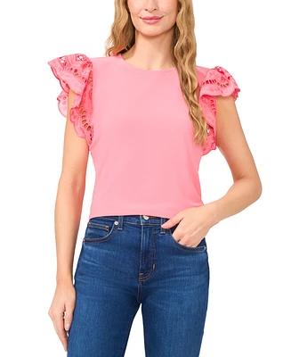 CeCe Women's Ruffled Eyelet-Sleeve Crewneck Top