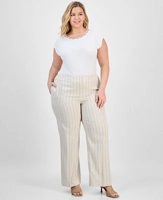 Kasper Plus Mid-Rise Striped Wide-Leg Pants