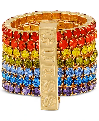 Guess Gold-Tone Rainbow Rhinestone Multi-Row Stretch Ring
