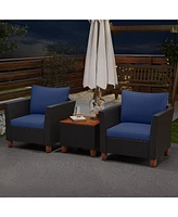 3PCS Outdoor Patio Rattan Furniture Set Wooden Table Cushioned Sofa