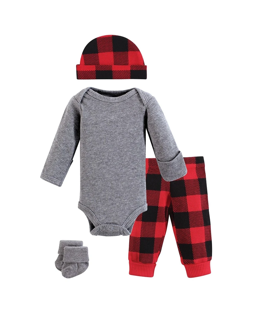 Hudson Baby Baby Boys Hudson Thermal Preemie Layette Set 4pc Long Sleeve Outfit, Buffalo Plaid, Preemie