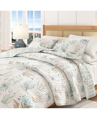 Linery & Co. Cotton Stitched Reversible Coastal 3 Piece Quilt and Sham Set