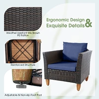 3PCS Patio Rattan Bistro Furniture Set Wood Table Top Cushion Sofa
