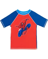 Spider-Man Boys Marvel Avengers Rash Guard Swim Trunks and Cap 3 Piece Swimsuit Set