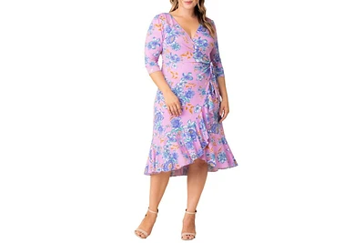 Kiyonna Plus Flirty Flounce Midi Wrap Dress with 3/4 Sleeves