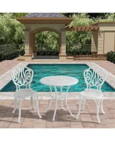 3-Piece Cast Aluminium Patio Bistro Set Outdoor Dining Table and Chairs Patio Bistro Table with Umbrella Hole Patio Bistro Chairs, White