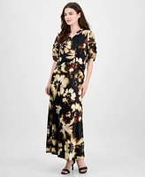 Anne Klein Women's Pleated-Sleeve Floral-Print Split-Neck Top