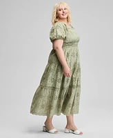 And Now This Trendy Plus Eyelet Embroidered Cotton Puff-Sleeve Maxi Dress, Exclusively at Macy's