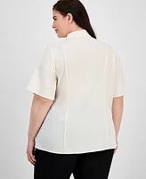 Anne Klein Plus Split-Neck Flutter-Sleeve Button-Front Blouse
