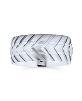 Bling Jewelry Mechanic Sports Car Racer Wide Tread Tire Band Ring Bikers Matte Brushed Silver Tone Stainless Steel 8MM