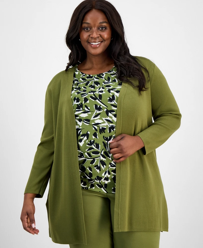 Ak Anne Klein Plus Open-Front Side-Slit Cardigan
