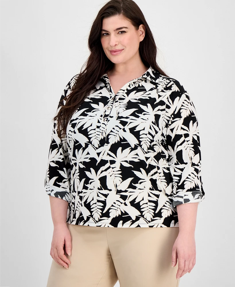 Ak Anne Klein Plus Button Roll-Tab Printed Blouse