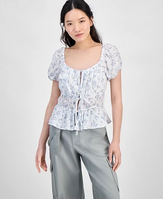 Hippie Rose Juniors' Shirred Tie-Front Peasant Top