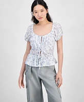 Hippie Rose Juniors' Shirred Tie-Front Peasant Top