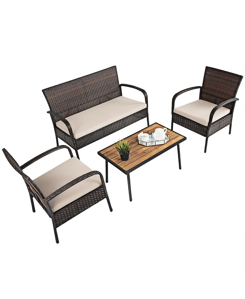 Gymax 4 Piece Rattan Outdoor Furniture Set Patio Conversation Set w/ Cushions