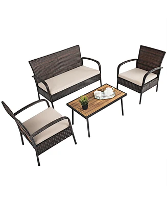 Gymax 4 Piece Rattan Outdoor Furniture Set Patio Conversation Set w/ Cushions
