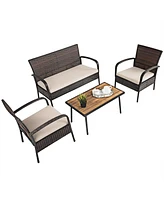 Gymax 4 Piece Rattan Outdoor Furniture Set Patio Conversation Set w/ Cushions