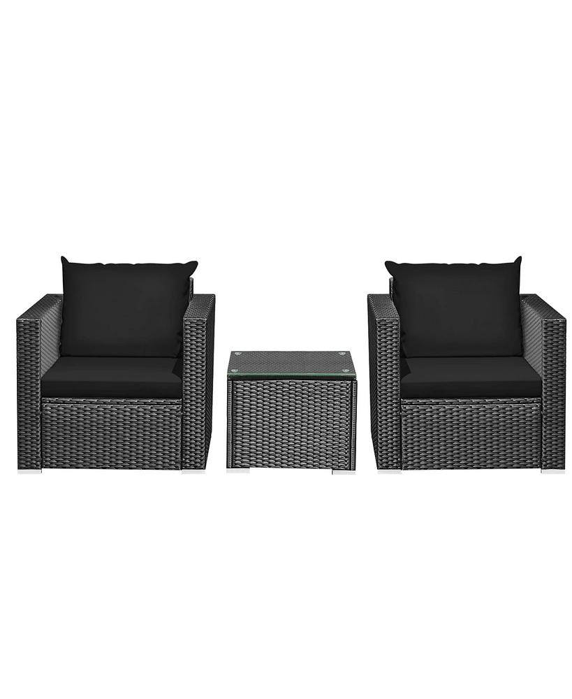 Gymax 3 Piece Rattan Outdoor Patio Conversation Furniture Set w/ Cushions