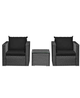 Gymax 3 Piece Rattan Outdoor Patio Conversation Furniture Set w/ Cushions