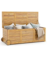 Rolling Patio Wooden Deck Box with 2 Wheels and Side Handle for Outdoor