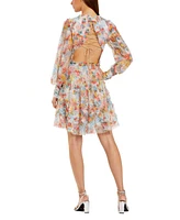 Mac Duggal Women's Floral Mesh Ruffle High Neck Mini Dress