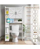 Over The Toilet Storage Cabinet, Farmhouse Storage Cabinet Over Toilet with 2 Barn Door & Toilet Paper Holder StandHome Space-Saving Toilet Rack for B