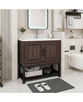 Casainc 36" Bathroom Vanity with White Ceramic Sink & Faucet,Freestanding Bathroom Cabinet with 2 Storage Doors and Open iron Shelf
