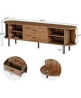 Tribesigns 70" Mid-Century Modern Tv Stand for 75" Tv, Fluted Entertainment Center with Sliding Tambour Doors, Drawers and Adjustable Shelves, Walnut