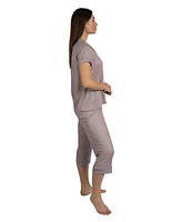Tahari Women's 3-Piece Ribbed Pajama Set Short Sleeve Notch Collar Top, Shorts, and Capri Pants Pj Set