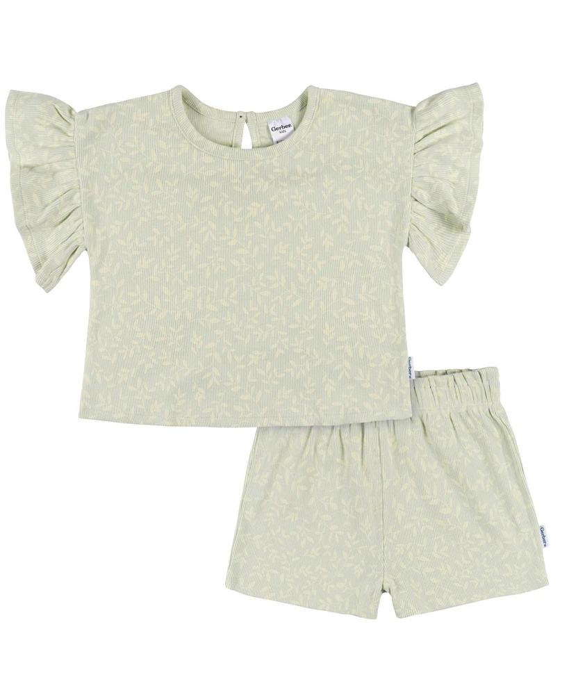 Gerber Toddler Girls 2-Piece Shirt and Shorts Set, Green Leaves, 5T