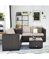 Gymax 4PCS Cushioned Rattan Patio Conversation Set w/ Coffee Table Side Table