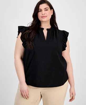 Anne Klein Plus Ruffle-Trim Split-Neck Sleeveless Blouse