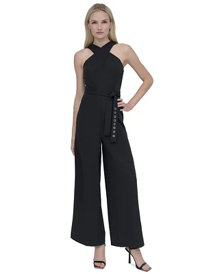 Dkny Women's Crisscross Halter Belted Wide-Leg Jumpsuit