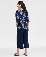 Charter Club Womens Cropped Wide Leg 100 Linen Pants Boatneck Palm Top Exclusively At Macys