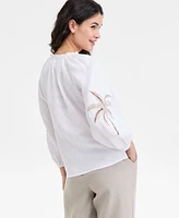 Charter Club Women's Embroidered 100% Linen Top, Exclusively at Macy's