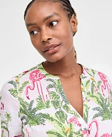Charter Club Women's 100% Linen Palm Print Roll-Tab Shirt, Exclusively at Macy's